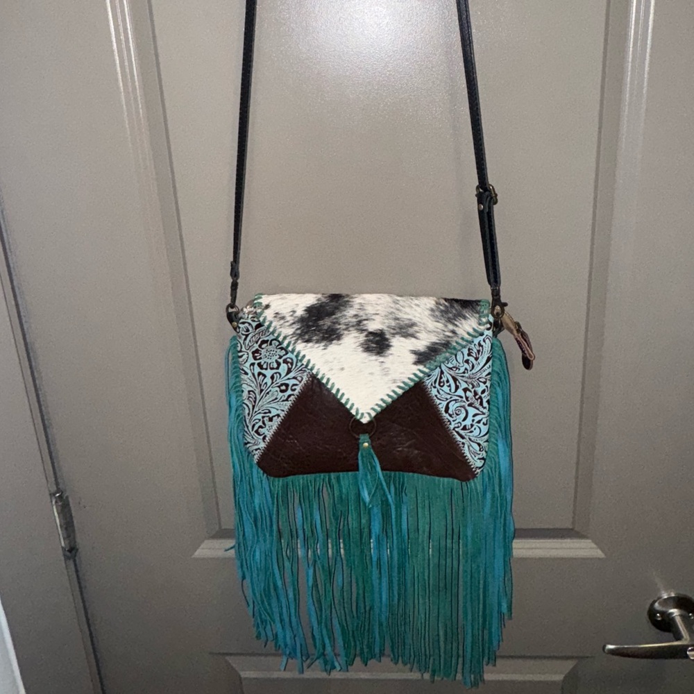 Myra Cowhide Stylish Turquoise and Brown Fringe Crossbody Bag